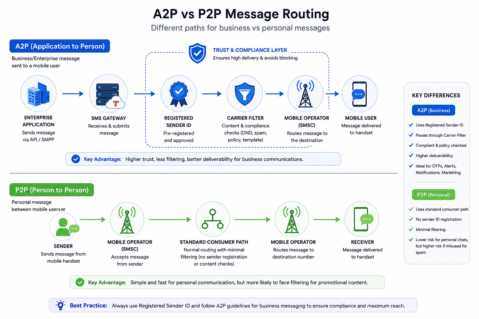Diagram comparing how A2P and P2P SMS messages are routed through carrier networks.
