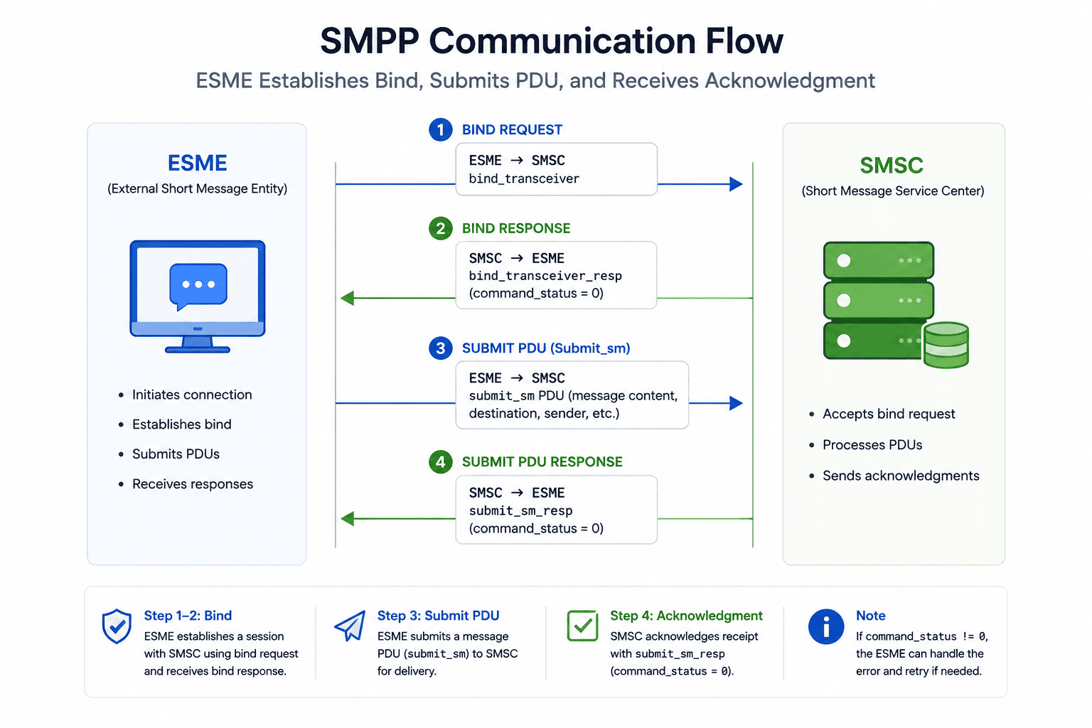 Diagram showing an application binding to an SMSC over SMPP and exchanging submit and response PDUs