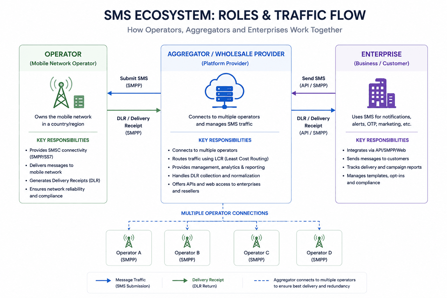 Diagram showing how telecom operators, aggregators, and enterprises connect through a wholesale SMS platform