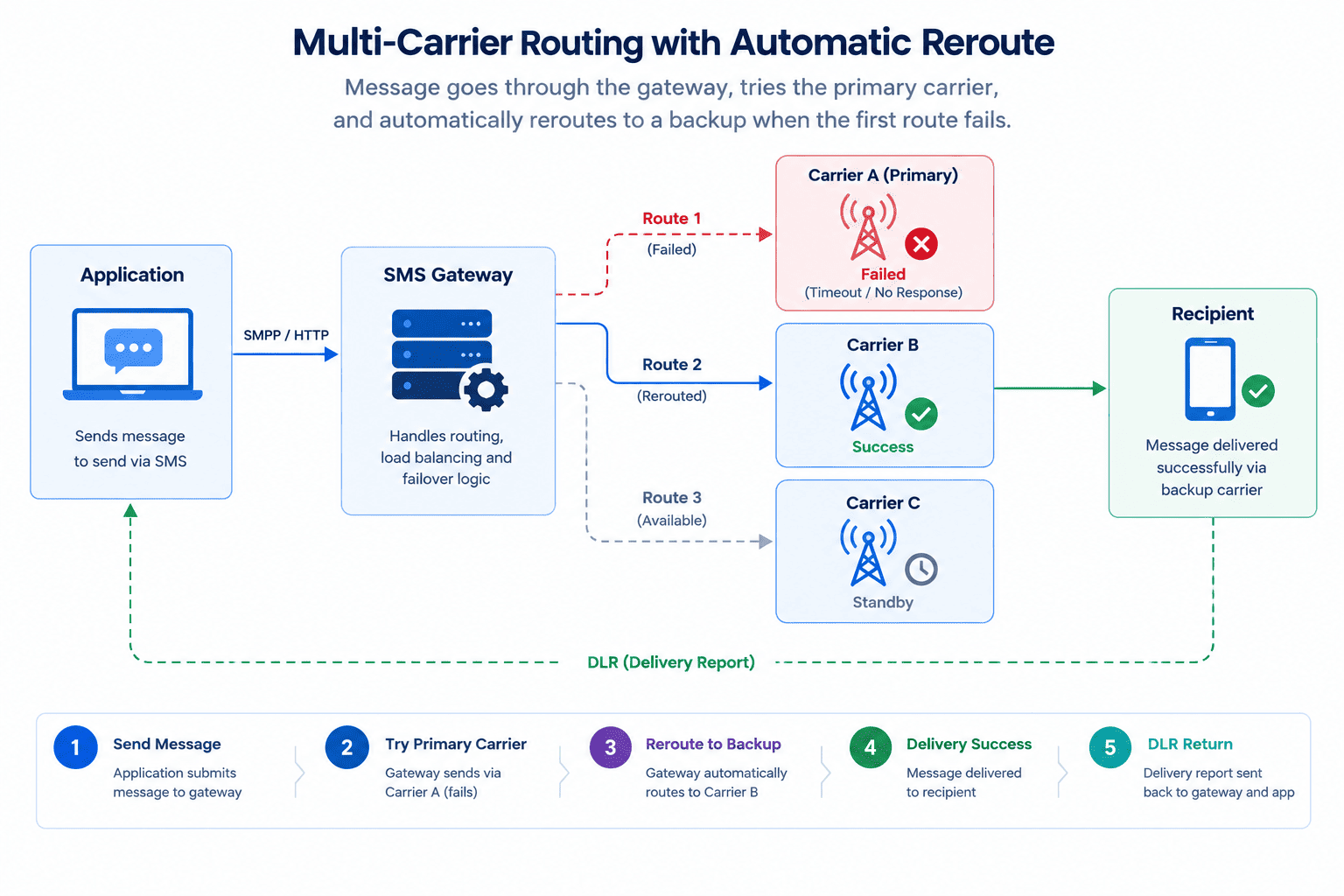 Diagram showing a bulk SMS gateway rerouting a message from a failed carrier route to a backup route